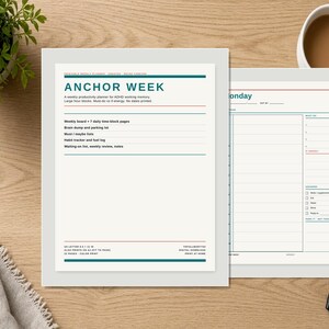 May include: A printable weekly productivity planner titled ANCHOR WEEK with teal and red accents. The document includes sections for a weekly board, brain dump, must or maybe lists, habit tracker, and notes. It is formatted for US letter 8.5 x 11 in.