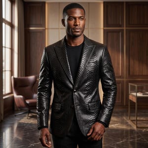 Brown Snakeskin Embossed Leather Blazer Men, Python Texture Formal Coat, Handmade Luxury Jacket, Slim Fit Evening Wear, Gift for Him