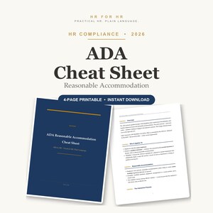Może przedstawiać: 4-stronicowa ściąga ADA do druku na rok 2026, z ciemnoniebieską okładką ze złotymi liniami i białym napisem ADA Reasonable Accommodation Cheat Sheet oraz białą stroną wewnętrzną z czarnym tekstem dotyczącym wytycznych zgodności.