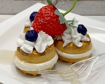 Fake Waffles, Fake Stack of Waffles with Whip Cream, Fake Waffle Skillet, Fake Breakfast, Mini Waffle Strawberry, Fake Food Prop, Fake Decor