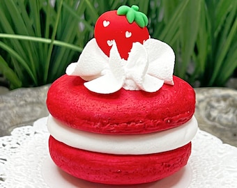 Faux Strawberry Macaroon * Creamy white Icing and Slice, Fake Food, Tiered Tray, Gifts, Party Favor, Food Prop, Home Decor