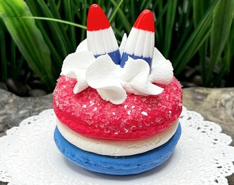 Faux Red White and Blue Macaroon * Creamy white Icing and Candy Corn, Fake Food, Tiered Tray, Gifts, Party Favor, Food Prop, Home Decor