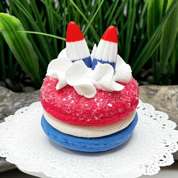 Faux Red White and Blue Macaroon * Creamy white Icing and Candy Corn, Fake Food, Tiered Tray, Gifts, Party Favor, Food Prop, Home Decor