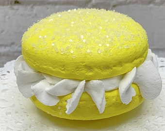 Faux Bright Yellow Macaroon * Cream White Ruffle Icing, Fake Food, Tiered Trays, Fake Bake, Fake Cookies, Food Prop, Party Decorations