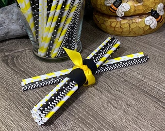 Set of 12 - Paper Straws, Bumble Bee Straws, Honey Bee Straws, Black, Yellow, White, Tiered Tray Decor, Black, Yellow,  Paper Straws, Bee