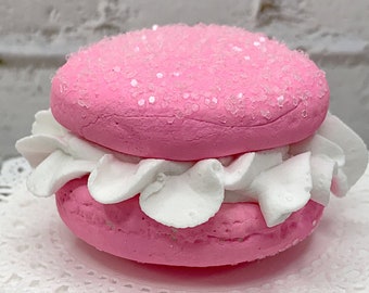 Faux Bright Pink Macaroon * Cream White Ruffle Icing, Fake Food, Tiered Trays, Fake Bake, Fake Cookies, Food Prop, Party Decorations