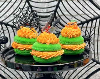 Faux Halloween Macaroon, Green with Creamy Orange Icing, Fake Food, Tiered Tray, Gifts, Party Favor, Halloween Decor, Food Prop, Home Decor