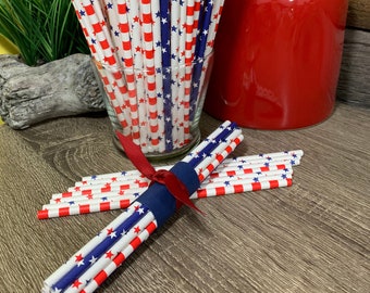 Set of 12 - Paper Straws, Patriotic Straws, 4th of July, Memorial Day, Labor Day, Tiered Tray Decor, Red White Blue Paper Straws, 4th July