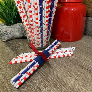 Set of 12 - Paper Straws, Patriotic Straws, 4th of July, Memorial Day, Labor Day, Tiered Tray Decor, Red White Blue Paper Straws, 4th July