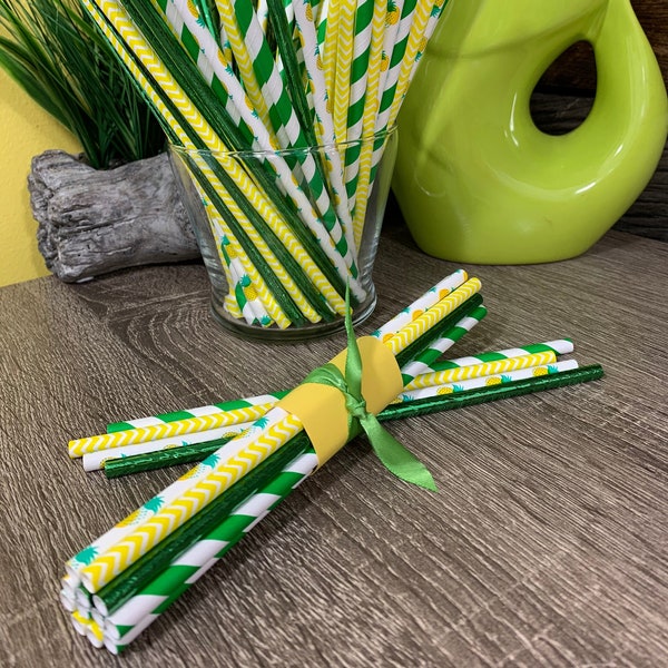 Set of 12 - Paper Straws, Pineapple Straws, Stripe Straws, Green, Yellow, White, Tiered Tray Decor, Black, Paper Straws, Drink, Sip