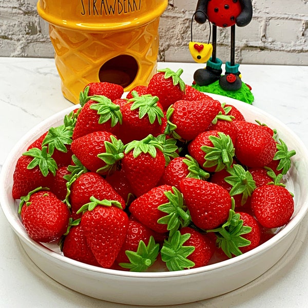 Listing is for 1 * Artificial Whole Strawberries, Plastic Strawberry Pieces for Party Decor, Large Strawberry Fruit, Strawberry Cabochons