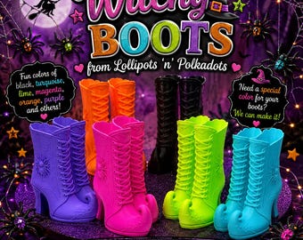 3D Witch Boots # Set of 2 Boots, Faux Boots, Witch, Spooky, Halloween, Spiders, Lime, Magenta, Black, Purple, Lots of colors