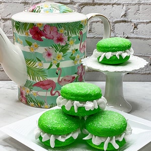 Faux Bright Green Macaroon Cream White Ruffle Icing, Fake Food, Tiered Trays, Fake Bake, Fake Cookies, Food Prop, Party Decorations image 2