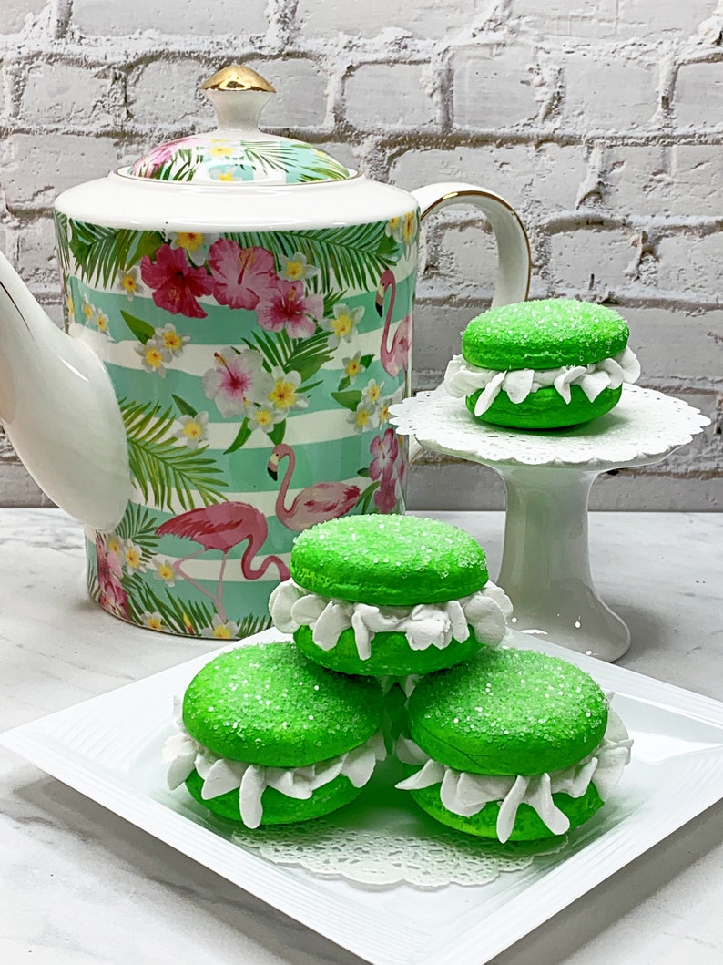 Faux Bright Green Macaroon Cream White Ruffle Icing, Fake Food, Tiered Trays, Fake Bake, Fake Cookies, Food Prop, Party Decorations image 2