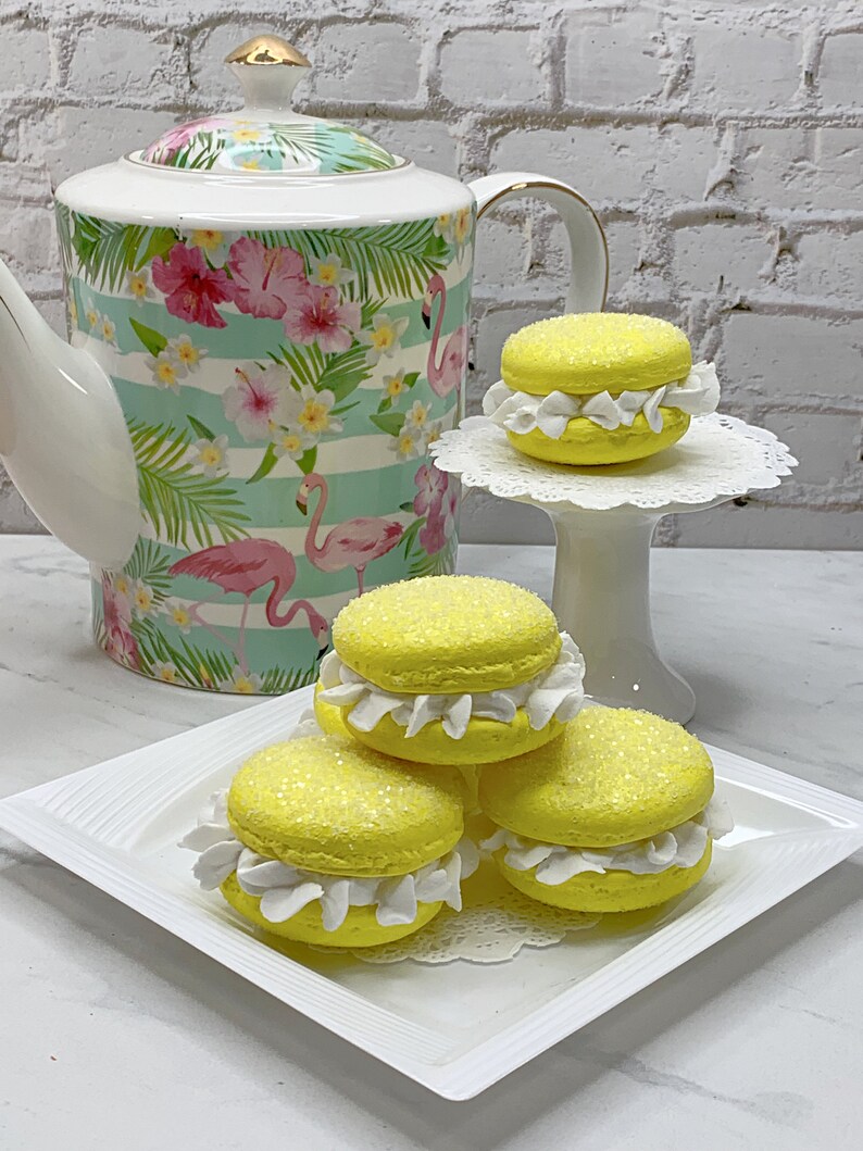 Faux Bright Yellow Macaroon Cream White Ruffle Icing, Fake Food, Tiered Trays, Fake Bake, Fake Cookies, Food Prop, Party Decorations image 3