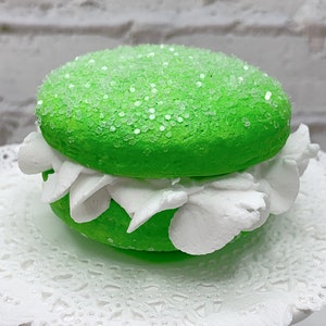 Faux Bright Green Macaroon Cream White Ruffle Icing, Fake Food, Tiered Trays, Fake Bake, Fake Cookies, Food Prop, Party Decorations image 1