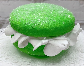 Faux Bright Green Macaroon * Cream White Ruffle Icing, Fake Food, Tiered Trays, Fake Bake, Fake Cookies, Food Prop, Party Decorations