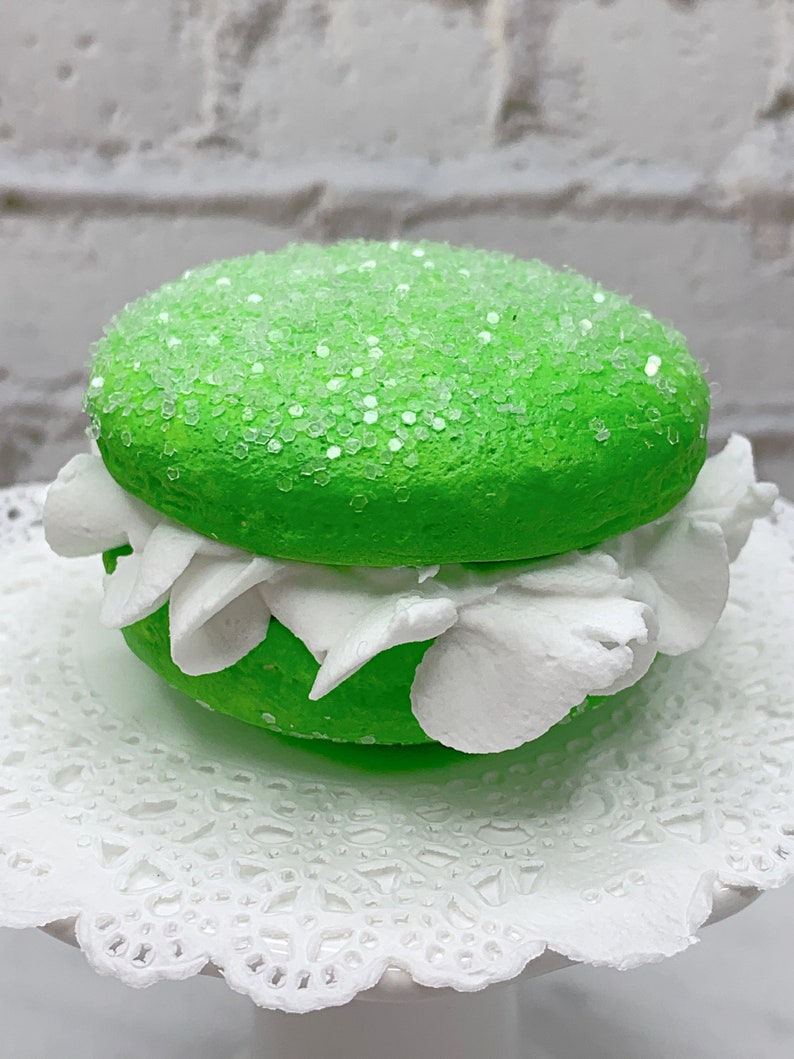 Faux Bright Green Macaroon Cream White Ruffle Icing, Fake Food, Tiered Trays, Fake Bake, Fake Cookies, Food Prop, Party Decorations image 1