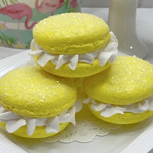 Faux Bright Yellow Macaroon Cream White Ruffle Icing, Fake Food, Tiered Trays, Fake Bake, Fake Cookies, Food Prop, Party Decorations image 4