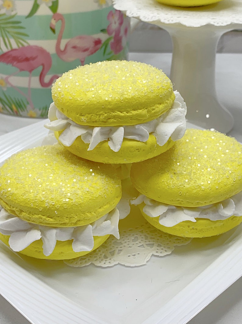 Faux Bright Yellow Macaroon Cream White Ruffle Icing, Fake Food, Tiered Trays, Fake Bake, Fake Cookies, Food Prop, Party Decorations image 4