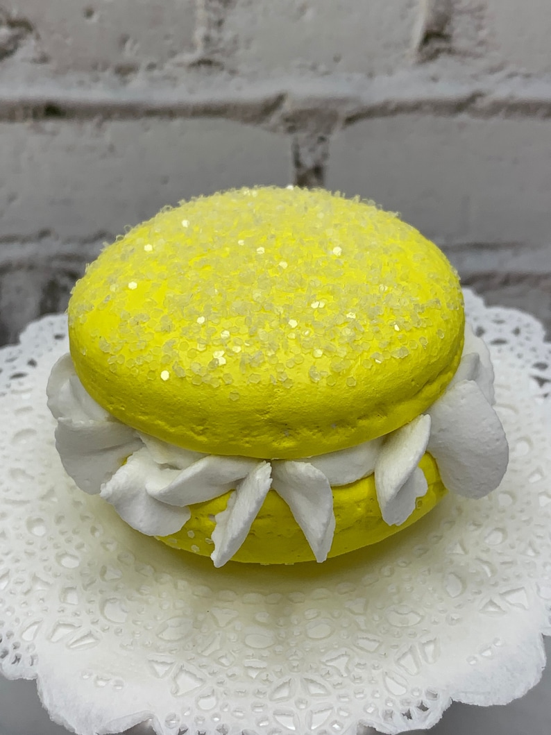 Faux Bright Yellow Macaroon Cream White Ruffle Icing, Fake Food, Tiered Trays, Fake Bake, Fake Cookies, Food Prop, Party Decorations image 5