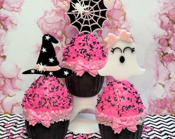 Fake Halloween Pink Glam Cupcakes *** Pinkoweenies, Witches Hat, Spiderweb, Fun Photo Prop, Party Prop, Coffee Bar, Tiered Stand, Whimsical