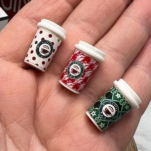 Set of 3 * Miniature Coffee Cup Mini, Christmas, Charms, Cappuccino, Cabochons, Fairy Garden, Hot Chocolate Latte 3D,