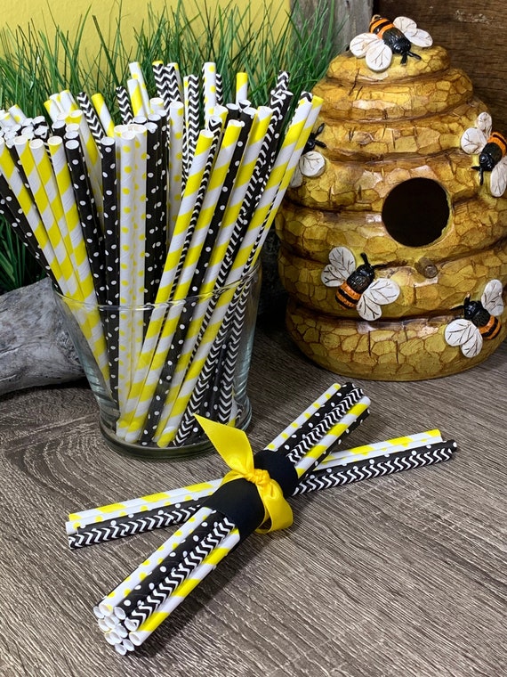 Set of 12 Paper Straws, Bumble Bee Straws, Honey Bee Straws, Black, Yellow,  White, Tiered Tray Decor, Black, Yellow, Paper Straws, Bee 