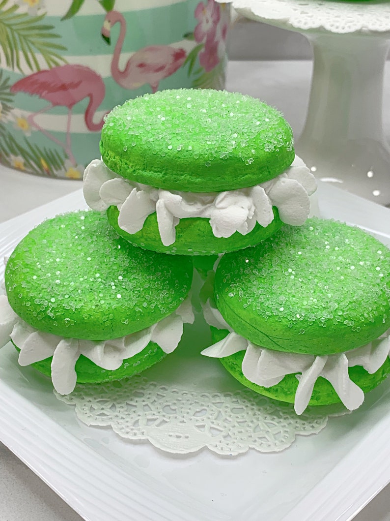 Faux Bright Green Macaroon Cream White Ruffle Icing, Fake Food, Tiered Trays, Fake Bake, Fake Cookies, Food Prop, Party Decorations image 3