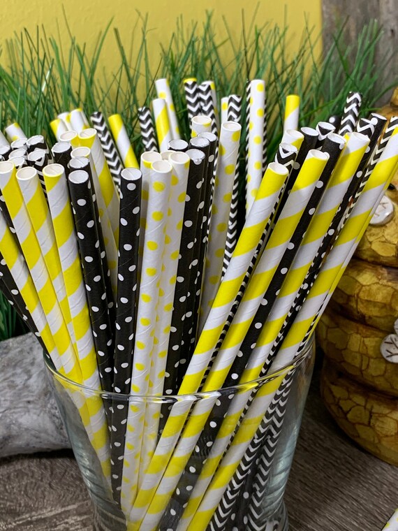 Set of 12 Paper Straws, Bumble Bee Straws, Honey Bee Straws, Black, Yellow,  White, Tiered Tray Decor, Black, Yellow, Paper Straws, Bee 