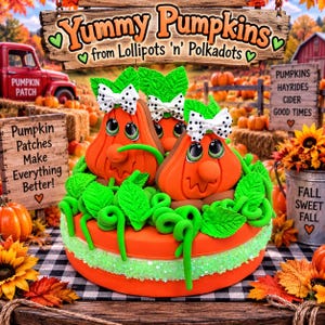 May include: A round orange cake decorated with three orange pumpkin figures featuring green leaves, white polka dot bows, and large green eyes. The cake is adorned with green fondant vines and leaves, sitting on a black and white checkered surface.