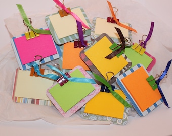 Mini Post It Note Holders, Chipboard, Pocketbook, Automobile, Keychain, Car, Travel, Favors, Party, Gifts, Printed Paper, Paperclips, Ribbon