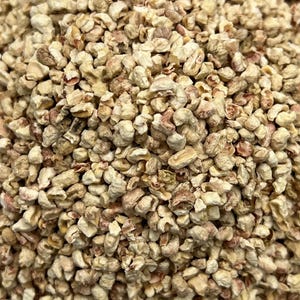 May include: Close-up of a pile of dried corn kernels, a light beige color with some reddish-brown hues.