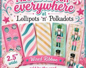 Fun Christmas Ribbon # Merry Christmas, Nutcracker, Candy, Party, Celebration, Gifts, Wired Ribbon, Set of 1 yard of all 5 patterns.