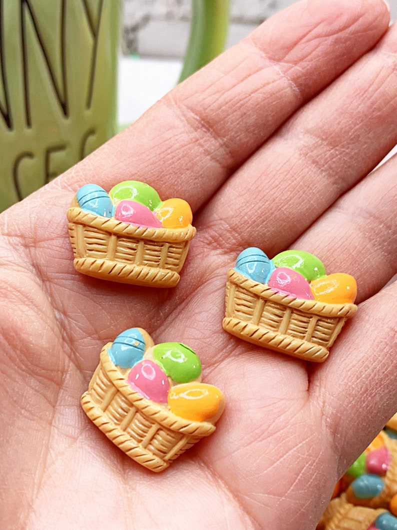 Set of 2 Fake Easter Basket with Eggs, Flat Back, Easter Egg, Tiered Tray, Candy Decor, Cabochon Charm, Decoden, Cupcake Top, Bunny image 3