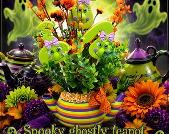 Spooky Halloween Teapot # Ghostly, Orange, Purple, Green, Witches, Ghosts, Spiders, Bats, Sprinkles, Glitter