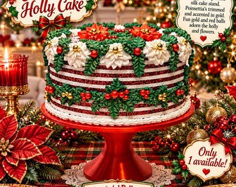 May include: A Christmas Holly Cake featuring red and white horizontal stripes, decorated with green holly leaves, white poinsettias, and gold and red spheres. The cake sits on a red pedestal stand, surrounded by festive holiday greenery.