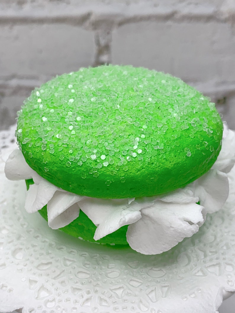 Faux Bright Green Macaroon Cream White Ruffle Icing, Fake Food, Tiered Trays, Fake Bake, Fake Cookies, Food Prop, Party Decorations image 4