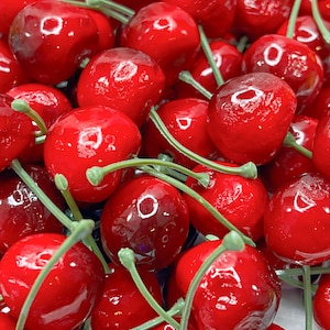 Set of 10 * Fake Life Size Cherries With A Little Dark Shading, Realistic Red Cherries with Stems, Artificial Cherries, Red Foam Cherry