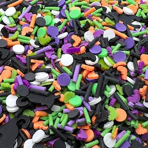 Fake Halloween Sprinkle *** Clay Polymer, Slime Sprinkle, Fake Bake, Halloween Cat, Bat, Purple, Orange, Green, Clay Sprinkle - 10g bag