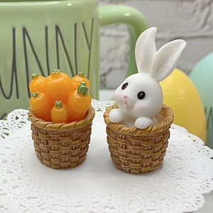 Set of 1 Bunny in Basket, Carrots in Basket, Easter Decorations, Fake Bake, Fake Topper, Easter Candy, Cabochon, Easter Basket, Easter Prop image 1