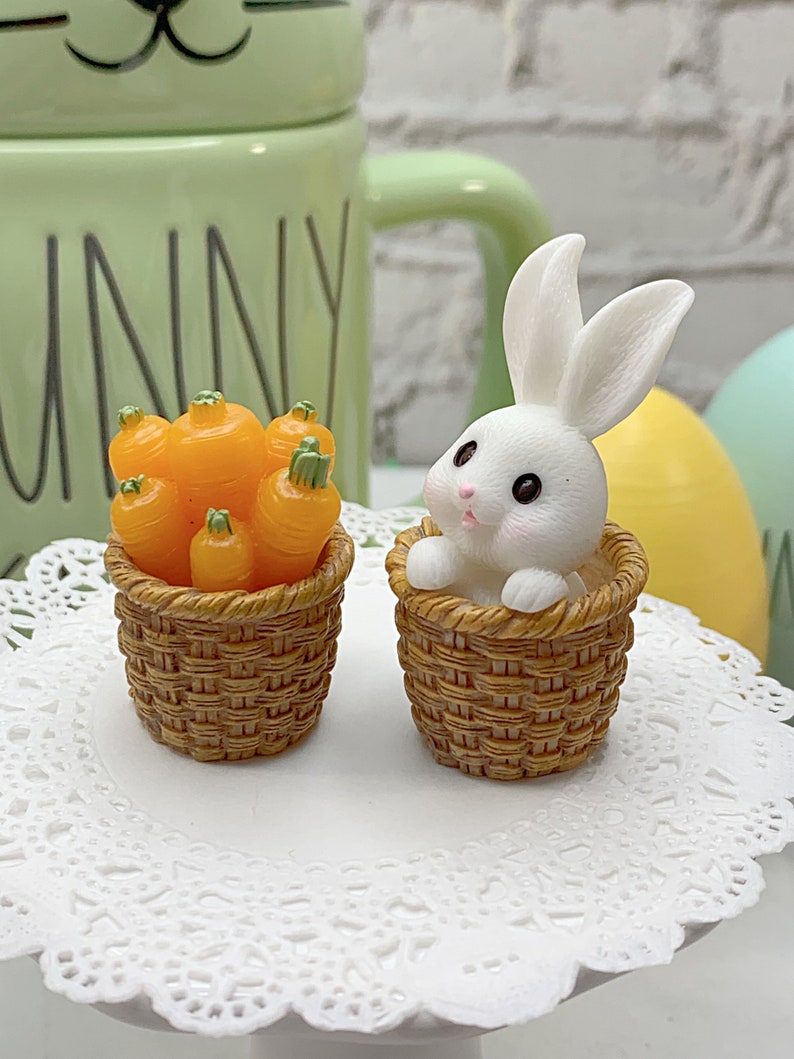 Set of 1 Bunny in Basket, Carrots in Basket, Easter Decorations, Fake Bake, Fake Topper, Easter Candy, Cabochon, Easter Basket, Easter Prop image 1