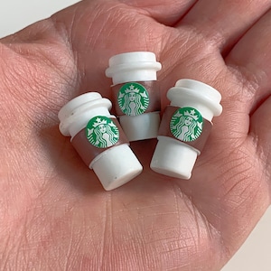 Set of 2 Miniature Coffee Cup Mini, Charms, Cappuccino, Cabochon, Fairy Garden Doll Dollhouse Hot Chocolate Latte 3D, Starbucks Coffee Cup image 1