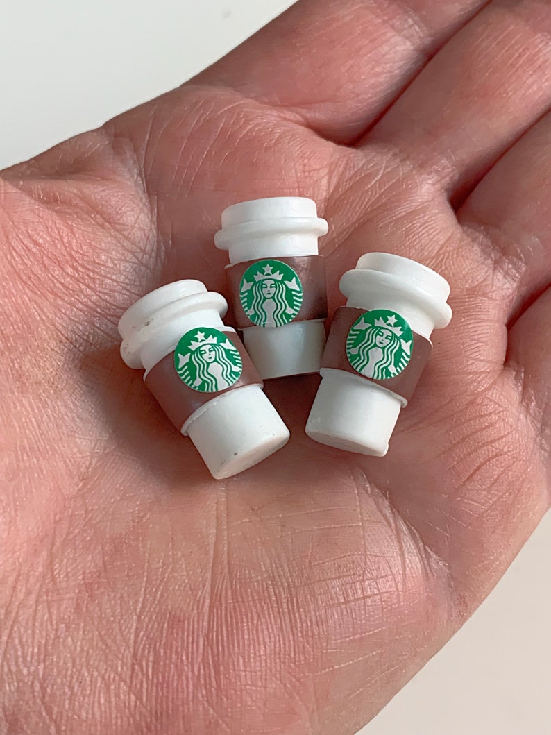 Set of 2 Miniature Coffee Cup Mini, Charms, Cappuccino, Cabochon, Fairy Garden Doll Dollhouse Hot Chocolate Latte 3D, Starbucks Coffee Cup image 1