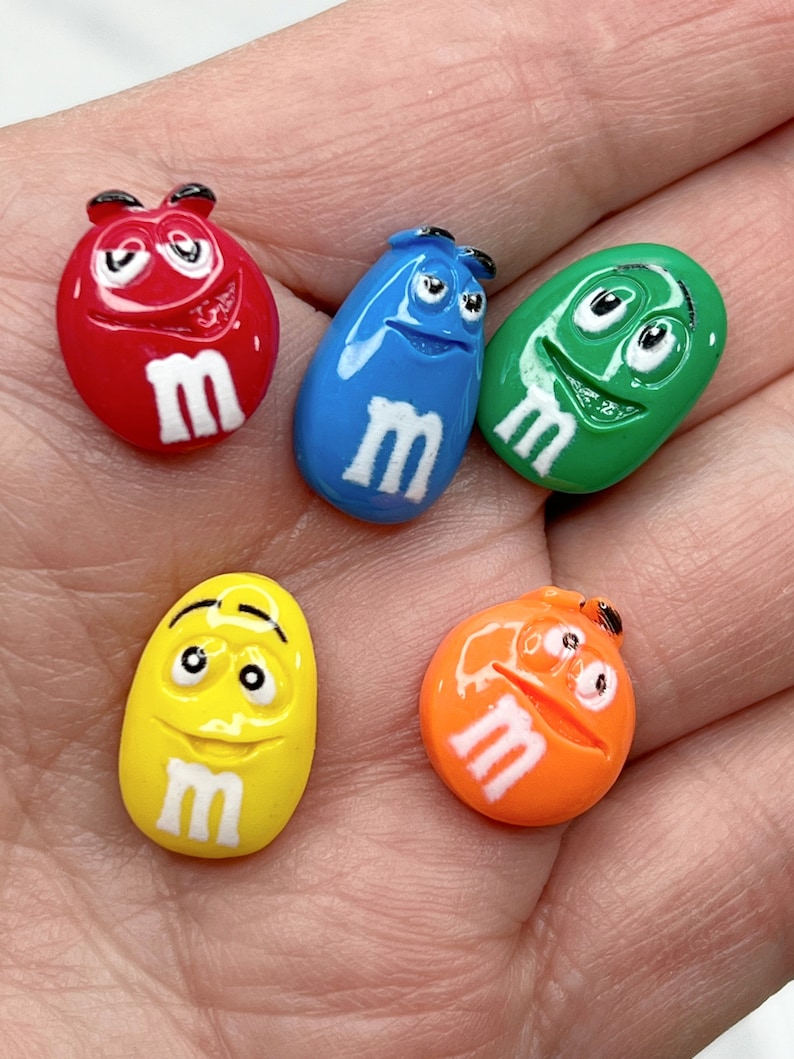 Set of 5 Mixed Faux M&M with Long Faces, Fake Candy M and M Cabochon, Fake Food, Fake Bake, Fake Candy, Summer Candy, Flatback image 1