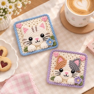 Puede incluir: Dos posavasos cuadrados de ganchillo con caras de gato. Uno muestra un gato atigrado blanco con borde azul y el otro un gato tricolor con borde morado. Ambos incluyen pequeños corazones rosas, hojas verdes y flores diminutas en el diseño.
