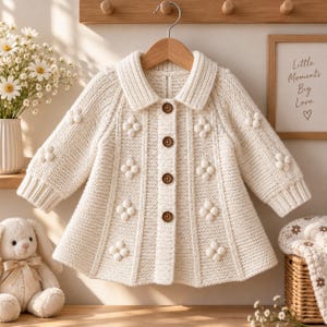Könnte beinhalten: Eine cremefarbene Strickjacke mit langen Ärmeln, einem Kragen, vier braunen Knöpfen in der Mitte und einem strukturierten Muster aus kleinen, erhabenen Bommel-Clustern, die in vertikalen Reihen auf der Vorderseite und den Ärmeln angeordnet sind.