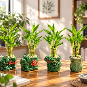May include: Four lucky bamboo plants in green ceramic pots. Each plant has three stalks tied with gold wire and white pebbles on top. The pots feature distinct designs including an elephant, a dragon, and a leaf-like texture with red flowers.