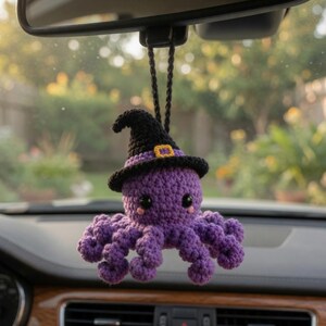 Halloween Octopus Crochet Car Hanging, Purple Witch Octopus Rearview Mirror Charm, Spooky Car Decor, Handmade Halloween Gift