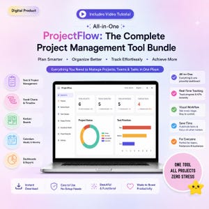 Könnte beinhalten: Ein digitales Produktpaket mit dem Titel ProjectFlow: The Complete Project Management Tool Bundle auf einem Laptop-Bildschirm. Die Benutzeroberfläche zeigt Projektstatus, Aufgabenprioritäten und Analysen mit Diagrammen und Symbolen.